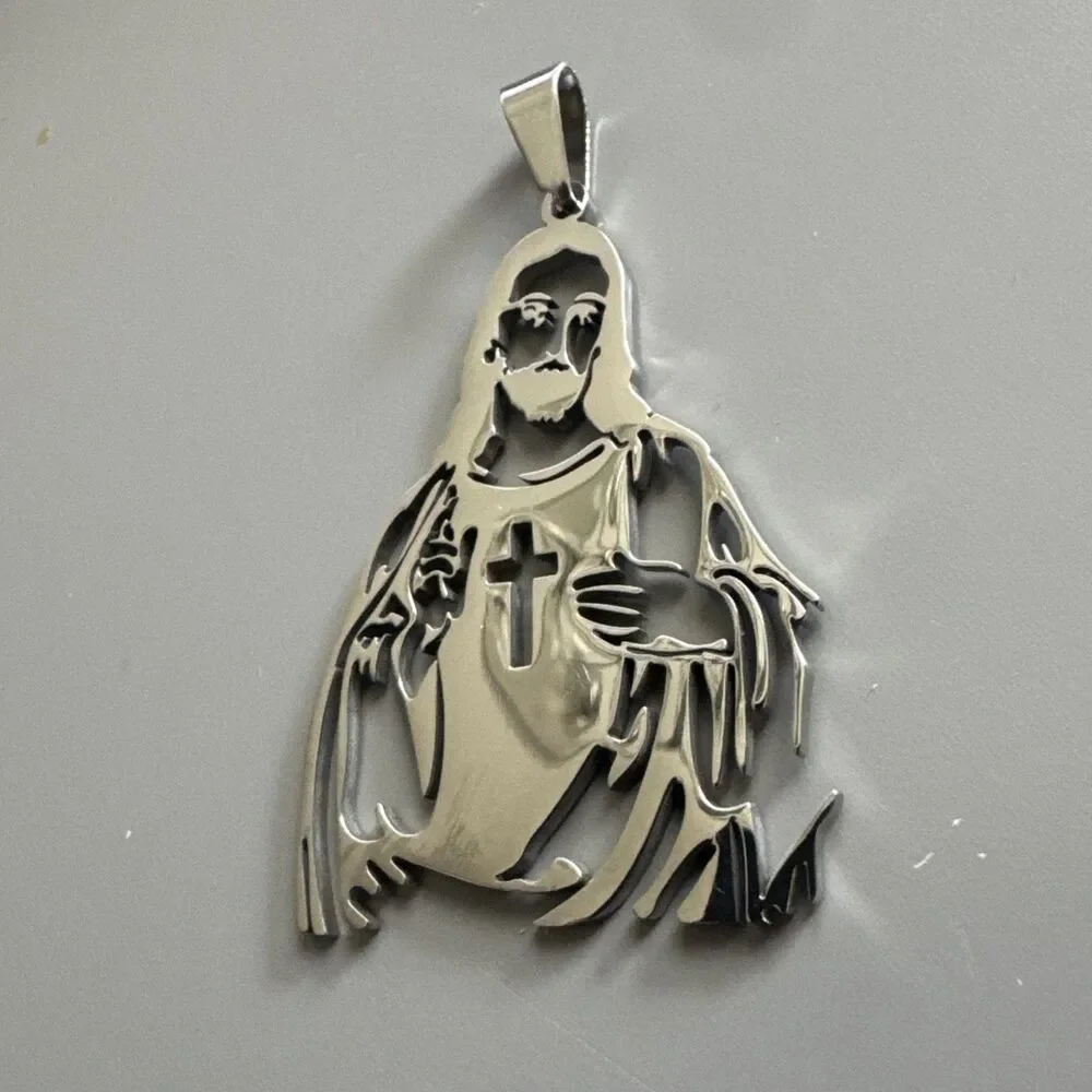 Cross Jesus Christ Cut Out Pendant Stainless Steel 24” Chain Faith Catholic Gift